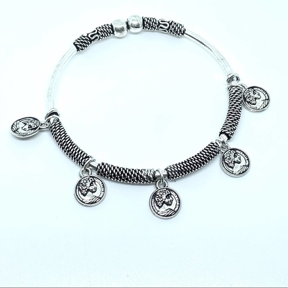 Handcrafted Coin Charm Bracelet | Adjustable Tibetan Silver Boho Bangle - Picture 8 of 15